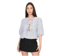 Blouse coupe peplum avec volant et manches ballons.Modèle en matière souple avec imprimé rayures.Se ferme sur le devant par 3 liens M