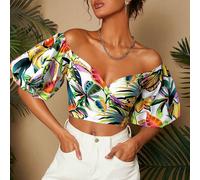 Blouse courte à manches lanternes à épaules dénudées pour femmes, imprimé tropical Oasis, élégante pour la remise des diplômes, décontractée, élégante pour la remise des diplômes, bal L,M,S,XL,XS,XXL,