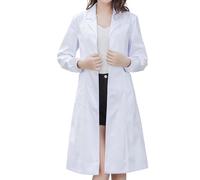 Blouse de Chimie Lycee Femme Blanche Col Revers Manches Longues Taille Structurée Poignets Retroussés Fente Frontale Boutonnage Poches Plaquées Costume Médecin Laboratoire Cosplay Scientifique