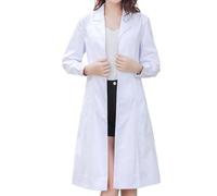 Blouse de Chimie Lycee Femme Blanche Col Revers Manches Longues Taille Structurée Poignets Retroussés Fente Frontale Boutonnage Poches Plaquées Costume Médecin Laboratoire Cosplay Scientifique