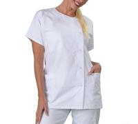 Blouse de laboratoire unisexe sans col à manches courtes en coton mélangé confortable Tailles XXS 6XL (S Blanc)