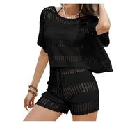 Blouse de plage portefeuille, Bikini femme cache col ample évider plage 2 ensemble noir blanc plusieurs tailles(Black,M)