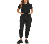 Blouse de travail décontractée grande taille pour femme, fermeture éclair devant, manches courtes, taille à nouer, uniforme d'infirmière pour dentiste, santé, laboratoire, noir, printemps-automne 0XL,