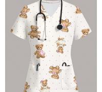 Blouse de travail décontractée pour femmes avec imprimé point et ours de bande dessinée, tenue de soins infirmiers L,M,S,XL,XS,XXL,XXS,XXXL,XXXXLCartoonTissu tricoté