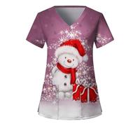 Blouse de Travail Femme Noël, Blouse de Soignant Garde-Malade Uniforme Haut avec 2 Poches Blouse Medicale Femme Imprimé Noël Manches Courtes Col en V Pas Cher Grande Taille