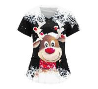 Blouse de Travail Femme Noël, Blouse de Soignant Garde-Malade Uniforme Haut avec 2 Poches Blouse Medicale Femme Imprimé Noël Manches Courtes Col en V Pas Cher Grande Taille