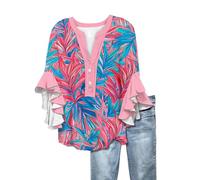 Blouse de Travail Fleurs Ménage Chic Elegant Jabot Fluide Col V Tank Top Femme Fine Chemisier Col Mao pour Femme Tee Shirt Sport 3/4 Manches T-Shirt Livraison Avant Noel, L