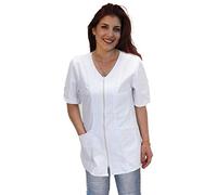 Blouse de Travail pour Femme avec Fermeture Éclair, Style Simple, Manches Courtes, Col en V, pour Esthéticienne, Coiffeuse, Institutrice de Maternelle, Personnel de Restauration, Blanc, Large