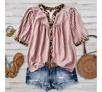 Blouse décontracté et élégante avec patchwork de rayures et imprimé léopard, manches dolman, convient pour les vacances, le style western cowgirl, les grandes tailles. Adapté pour le travail, les lois