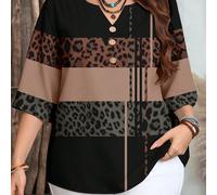 Blouse décontractée à col V avec imprimé léopard noir et motif rayé abstrait, convient pour l'été 0XL,1XL,2XL,3XL,4XLImprimés aléatoiresTissu tissé