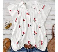 Blouse décontractée à manches courtes, col volant et ligne H, imprimé cerises, pour usage quotidien et vacances Tall S,Tall M,Tall L,Tall XLImprimés aléatoires,Nourriture & BoissonsTissu tissé