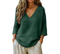 Blouse décontractée pour femme en mélange coton-lin avec col en V, coupe ample et oversize, manches longues ou 3/4, style tunique unie ou robe bohème pour la plage et les vacances. (Dark green,30)