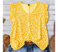 Blouse d'été ample avec imprimé intégral, col V et volants 0XL,1XL,2XL,3XL,4XL,5XLGéométrique,Tout ImpriméÉtoffe