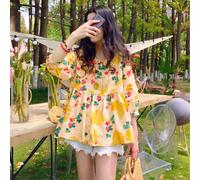 Blouse d'été nouvelle ample et douce à manches 3/4, col rond à volants, design de chauve-souris à la mode, chemise à fleurs de petite taille, décontractée pour les vacances, printemps, jaune L,M,S,XL,