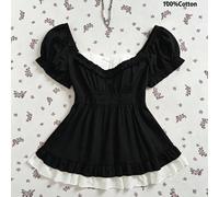 Blouse d'été nouvelle en pur coton jaune doux, design patchwork de dentelle à pois avec découpes, top décontracté polyvalent à col Claudine et manches courtes, convient pour le port quotidien, essenti