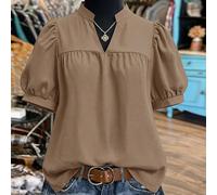 Blouse élégante à manches courtes, col montant et manches bouffantes, idéale pour les sorties, les déplacements, le bureau ou le thé l'après-midi entre amis 0XL,1XL,2XL,3XL,4XLUnicoloreÉtoffe