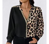 Blouse élégante à manches longues col en V avec imprimé léopard et empiècements pour femmes grande taille 0XL,1XL,2XL,3XL,4XL,5XLBlocs de couleur,Imprimé léopard,Motif texturéTissu tissé