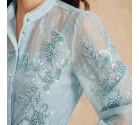 Blouse élégante de style palais avec décoration de perles, col floral, manches longues semi-transparentes, bleu clair, été, thé pour la remise des diplômes, Saint-Valentin L,M,S,XLPlantesPolyester