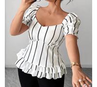 Blouse élégante de style palais avec imprimé rayé texturé et effet de taille pour femmes grandes tailles. Tenues décontractées pour femmes, hauts à manches courtes 0XL,1XL,2XL,3XL,4XLRayéTissu tissé