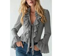 Blouse élégante en mousseline de soie blanche à manches longues avec garniture à volants, col en V, fermeture à nouer et manches cloche, légèrement transparente L,M,S,XLUnicolorePolyester