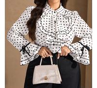 Blouse élégante et romantique à pois noirs et blancs pour femmes grandes tailles, avec col à volants superposés, manches évasées et poignets à volants, ouverture devant, blouse à volants, Top à pois, 