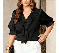 Blouse élégante grande taille pour femme, bordeaux, à devant ouvert avec large volant, patchwork en mousseline, manches mi-longues, tissu texturé bordeaux rouge doux pour la peau, top de mode bleu cla