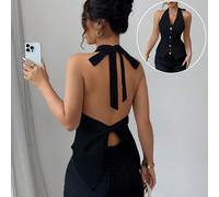 Blouse élégante pour dames de couleur unie, avec col ras-du-cou, liens de bretelles et dos nu noué L,M,S,XLUnicoloreTissu tissé