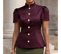 Blouse élégante pour femme à manches courtes, coupe slim, col montant, manches pétales et boutons perles, bordeaux, style business pour trajet, réunion, soirée de gala, discours, événement, conférence
