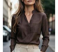 Blouse élégante pour femme, style décontracté chic et business décontracté, marron à rayures, col montant, manches longues, avec poches, top d'automne pour sortir et le bureau, Fête des enseignants L,