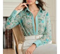Blouse élégante pour femmes, coupe ample, col à revers, manches longues, avec ornements lourds de sequins et broderies L,M,S,XLImprimés aléatoiresTissu tissé