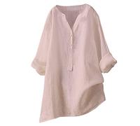 Blouse en Lin Femme Col en V Tunique Femme Longue Chemisier Decontracte Femme Chemise Grande Taille Manches Longues Blouse Femme Couleur Unie Chic Tee Shirt Bouton Ample Automne