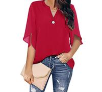 Blouse en Mousseline De Soie pour Femmes Élégant Décontracté Lâche 3/4 Manches Fendues Col en V Bouton Chemisier Chemises Chemises De Groupe De Travail pour Femmes Tops, B-Red, L