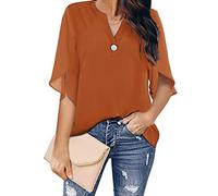 Blouse en Mousseline De Soie pour Femmes Élégant Décontracté Lâche 3/4 Manches Fendues Col en V Bouton Chemisier Chemises Chemises De Groupe De Travail pour Femmes Tops, C-Orange, M