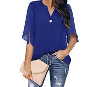 Blouse en Mousseline De Soie pour Femmes Élégant Décontracté Lâche 3/4 Manches Fendues Col en V Bouton Chemisier Chemises Chemises De Groupe De Travail pour Femmes Tops, E-Blue, XL