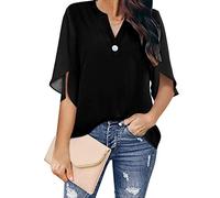 Blouse en Mousseline De Soie pour Femmes Élégant Décontracté Lâche 3/4 Manches Fendues Col en V Bouton Chemisier Chemises Chemises De Groupe De Travail pour Femmes Tops, A-Black, S