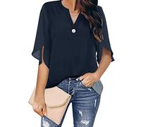 Blouse en Mousseline De Soie pour Femmes Élégant Décontracté Lâche 3/4 Manches Fendues Col en V Bouton Chemisier Chemises Chemises De Groupe De Travail pour Femmes Tops, J-Navy Blue, M