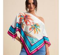 Blouse en satin blanc d'été bohème tropicale de vacances avec imprimé de paysage de cocotiers bleus, col en V, manches chauve-souris, hauts de plage, cache-maillots de bain pour femmes L,M,S,XL,XS,XXL