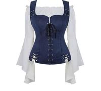 Blouse Epaule Denudee Femme Chemise Veste Pirate Set 2 Pcs Vintage Victorien Rétro Médiévale Renaissance déguisement Costume Bleu M