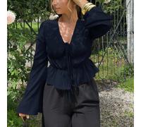 Blouse évasée à manches évasées avec nœud devant pour femmes, en bleu marine. Costumes ajourés pour femmes, costume de diable, vintage, Top de pirate, hippie, hauts de sortie L,M,S,XSUnicoloreTissu ti