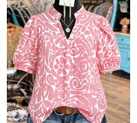 Blouse femme à col mao, manches bouffantes, imprimé floral abstrait vintage. Convient pour se promener au marché le w nd, prendre le thé l'après-midi avec des amis, les séances photo en vacances e