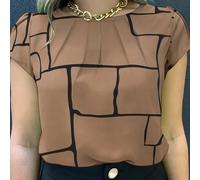Blouse femme à manches courtes en polyester avec imprimé géométrique froncé col rond, coupe décontractée régulière convenant pour les week-ends, printemps/été/automne L,M,S,XLBlocs de couleur,CarreauP