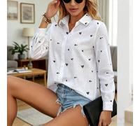 Blouse femme blanche à manches longues avec col, imprimé cœur, fermeture à boutons devant, ourlet régulier, tissu tissé L,M,S,XLUnicoloreTissu tissé