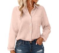 Blouse Femme Chemise Lin Chic Et Élégant Vetement Tunique Manches Longues Longue en Haut Elegant Chemisier Gaze De Coton Tee Shirt Manche Grande Taille avec Poche Bouton Décontractés,02-Rose,XXL
