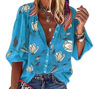 Blouse Femme Chemisier Col V Manches Longues Fleuri Top Blouse Tunique Femme Bouton Chemise Manche Longue Oversize Grande Taille Chemise Fleurie Fluide Femme Chemisiers Ample Large Vintage Bleu 5XL