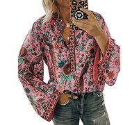 Blouse Femme Chemisier Col V Manches Longues Fleuri Top Blouse Tunique Femme Bouton Chemise Manche Longue Oversize Femme Grande Taille Chemise Fleurie Fluide Femme Chemisiers Ample Casual Rose XXL