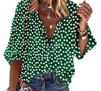 Blouse Femme Chemisier Col V Manches Longues Fleuri Top Blouse Tunique Femme Bouton Chemise Manche Longue Oversize Femme Grande Taille Chemise Fleurie Fluide Femme Chemisiers Casual Vintage Vert L