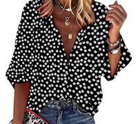 Blouse Femme Chemisier Col V Manches Longues Fleuri Top Blouse Tunique Femme Bouton Chemise Manche Longue Oversize Femme Grande Taille Chemise Fleurie Fluide Femme Chemisiers Casual Vintage Noir L