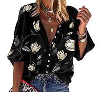 Blouse Femme Chemisier Col V Manches Longues Fleuri Top Blouse Tunique Femme Bouton Chemise Manche Longue Oversize Grande Taille Chemise Fleurie Fluide Femme Chemisiers Ample Large Vintage Noir M
