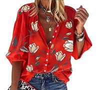Blouse Femme Chemisier Col V Manches Longues Fleuri Top Blouse Tunique Femme Bouton Chemise Manche Longue Oversize Grande Taille Chemise Fleurie Fluide Femme Chemisiers Ample Large Vintage Rouge 5XL