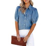 Blouse Femme, Chemisier en Jean À Manches Courtes pour Femmes Chemisier À La Mode Bleu Clair Délavé Chemises À Col en V Hauts Doux Manches Bouffantes Lâches Chemisiers Boutonnés Tuniques Él